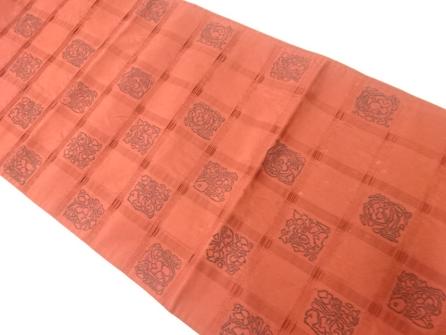 JAPNAESE KIMONO / ANTIQUE FUKURO OBI / SILK / WOVEN GRID & FLOWERS